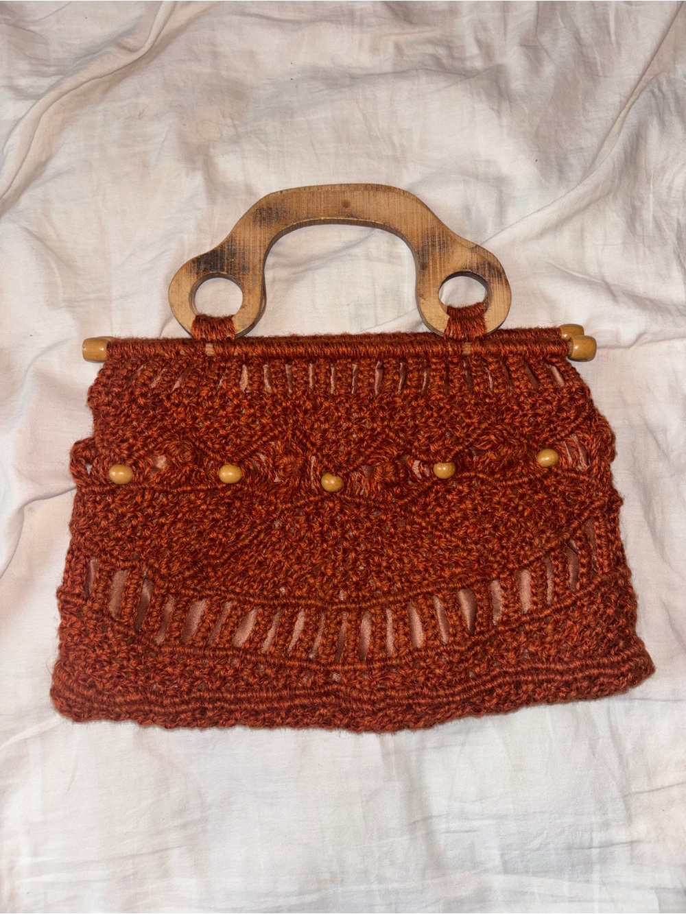 Hand-Knit Rust Brown Tote with Wooden Handles